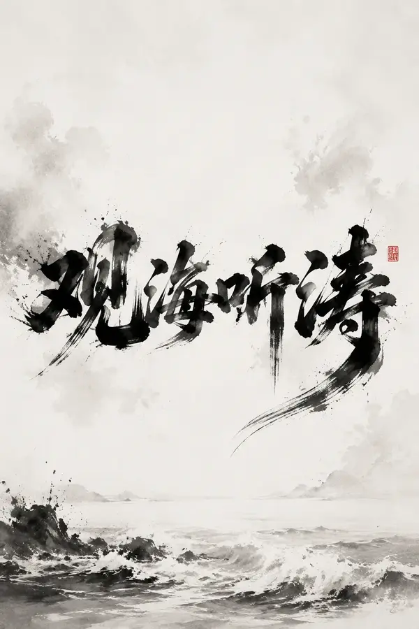 文字为 “观海听涛”，字体风格上，以水墨为主要表现形式，笔画…