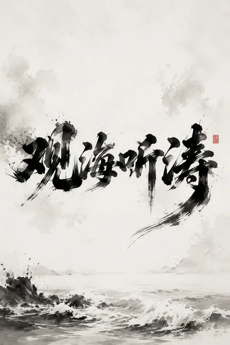 文字为 “观海听涛”，字体风格上，以水墨为主要表现形式，笔画…
