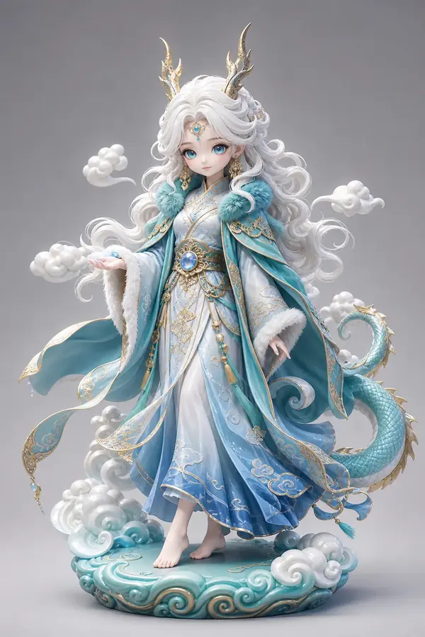 形象：白色大波浪卷发，蓝绿色大眼睛，精致小脸，赤足，头顶金色…