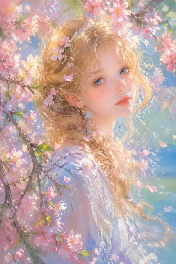 春日樱花少女印象派插画，精准复刻画面细节 主体： - 人物：…